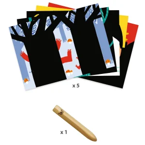 Komplet petih praskank s temnimi površinami in leseno praskalno palčko.