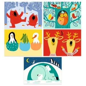 Komplet slik živali z različnimi motivi, vključno z rdečimi medvedi, sovami v drevesu, ptiči v gnezdih in severnimi jeleni z rdečim ozadjem.