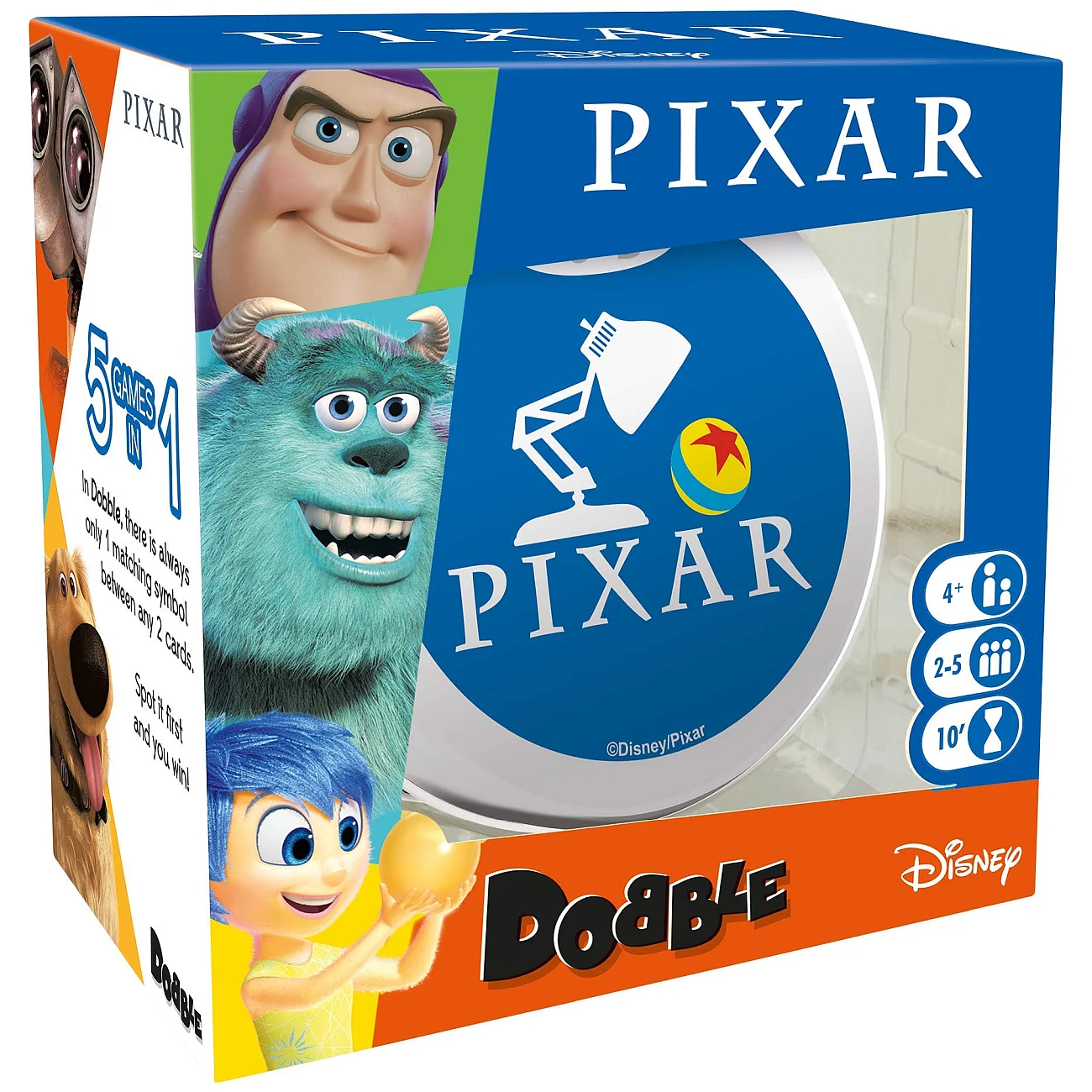 Škatla družabne igre Dobble Pixar, ki prikazuje različne Pixarjeve junake, kot so Buzz Lightyear, Sulley, Wall-E in Riley, z logotipom Pixar na sredini.