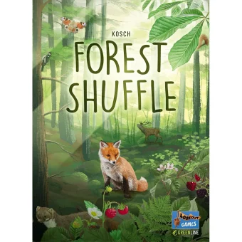 Naslovnica igre Forest Shuffle prikazuje miren gozd s lisico, srno in drugimi živalmi, obdano z zelenimi drevesi in grmovjem, ki poudarja ekološko tematiko igre.