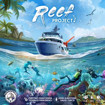 Naslovnica igre Reef Project prikazuje raziskovalno ladjo, ki pluje nad koralnim grebenom, medtem ko potapljači raziskujejo morsko dno in delajo na obnovi grebenov.