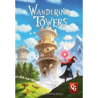 Naslovnica igre Wandering Towers prikazuje čarovnika, ki s svojo magijo premika stolpe, medtem ko le-ti lebde nad gozdom in travniki.