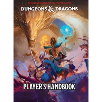 Naslovnica Dungeons & Dragons Player's Handbook knjige, prikaz boja med junaki in zmajem, primerna za ljubitelje fantazijskih iger.