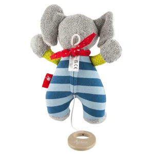 Zadnji del glasbene igrače slonček Sigikid z rdečim šalom in črtastimi hlačami.
