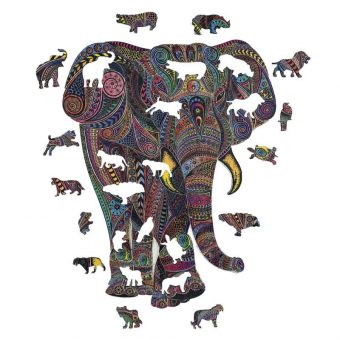 lesen puzzle za odrasle v obliki slona s pisanim vzorcem in koščki v obliki živali..