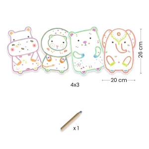 Komplet štirih kartic v obliki živali z merami ter priloženim barvnim pisalom.